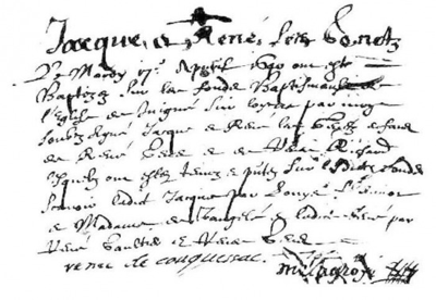 Birth certificate of Jacques Genest, 1640